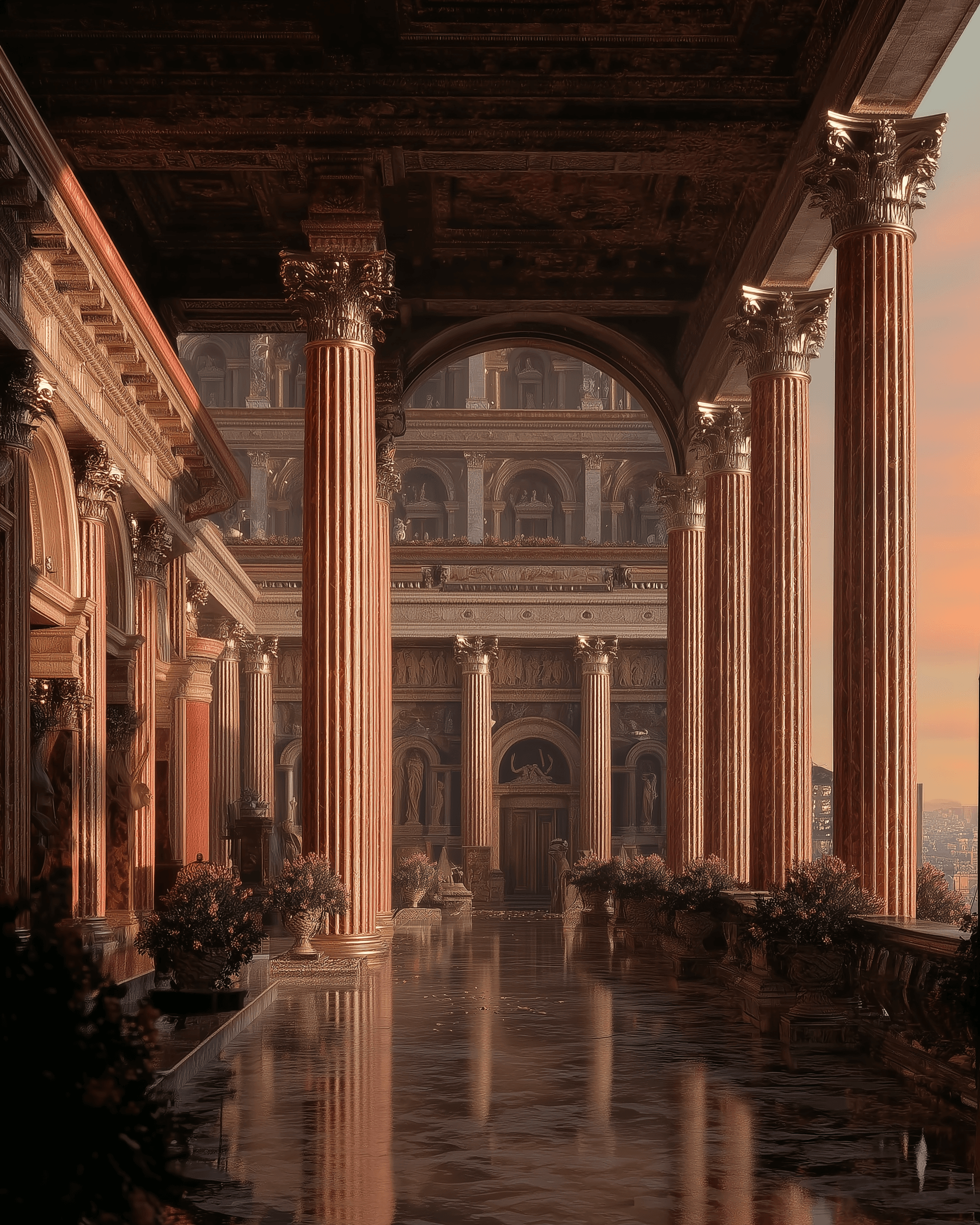 AI generated: A grand entrance to an ancient Greek palace, with towering columns and marble floors reflecting the ...