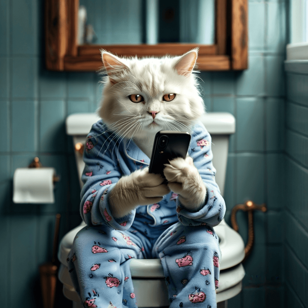 AI generated: strong dramatization, anthropomorphic real white cat wearing light blue pajamas with pattern, sittin...