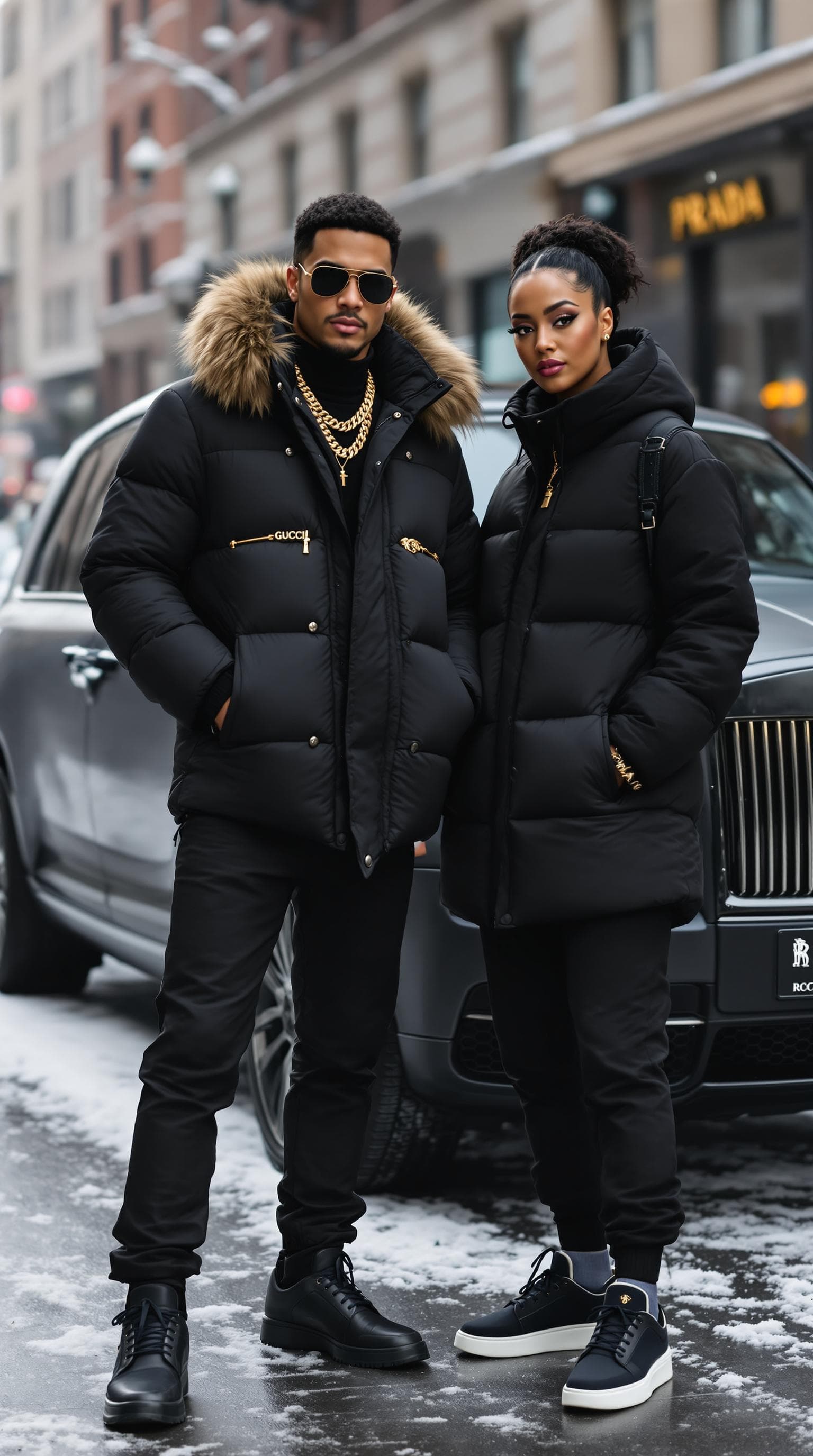 AI generated: A stylish duo dressed in luxury winter streetwear, standing next to a matte black Rolls-Royce Cullin...