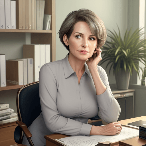 AI generated: Hyper realistic eye, hyper realistic photo, elegant 45-year-old woman sitting at her desk, in her pe...
