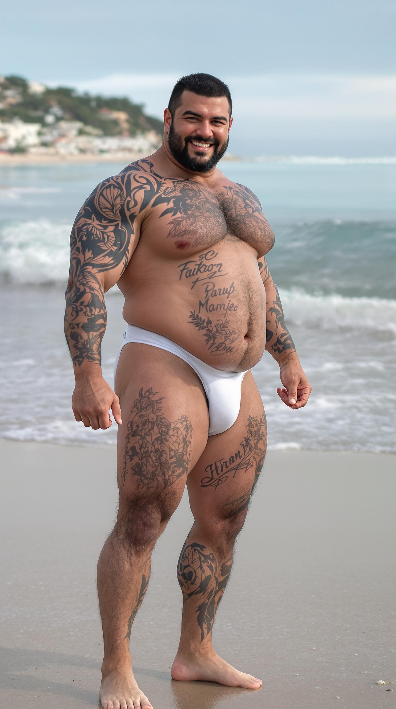 AI generated: Full body image, handsome Italian heavyweight muscular bodybuilder in his 40s, lots of tattoos, shor...
