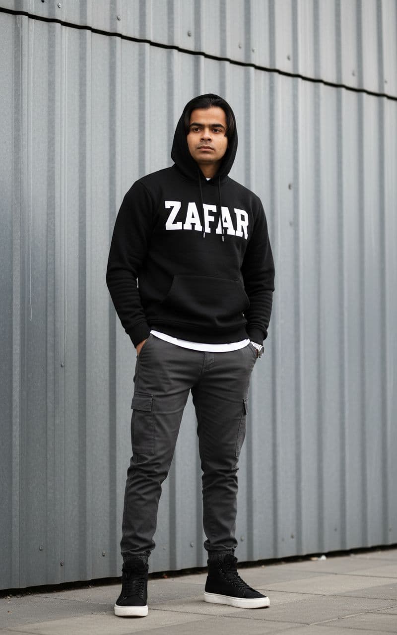 AI generated: Without changing my facial features and face A young man standing outdoors against a modern gray cor...