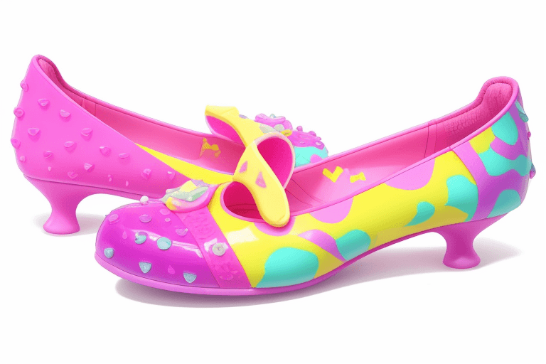 AI generated: Create a Melissa pair of shoe with the Fini candy aesthetic, it must be very fun and colorful. Use t...