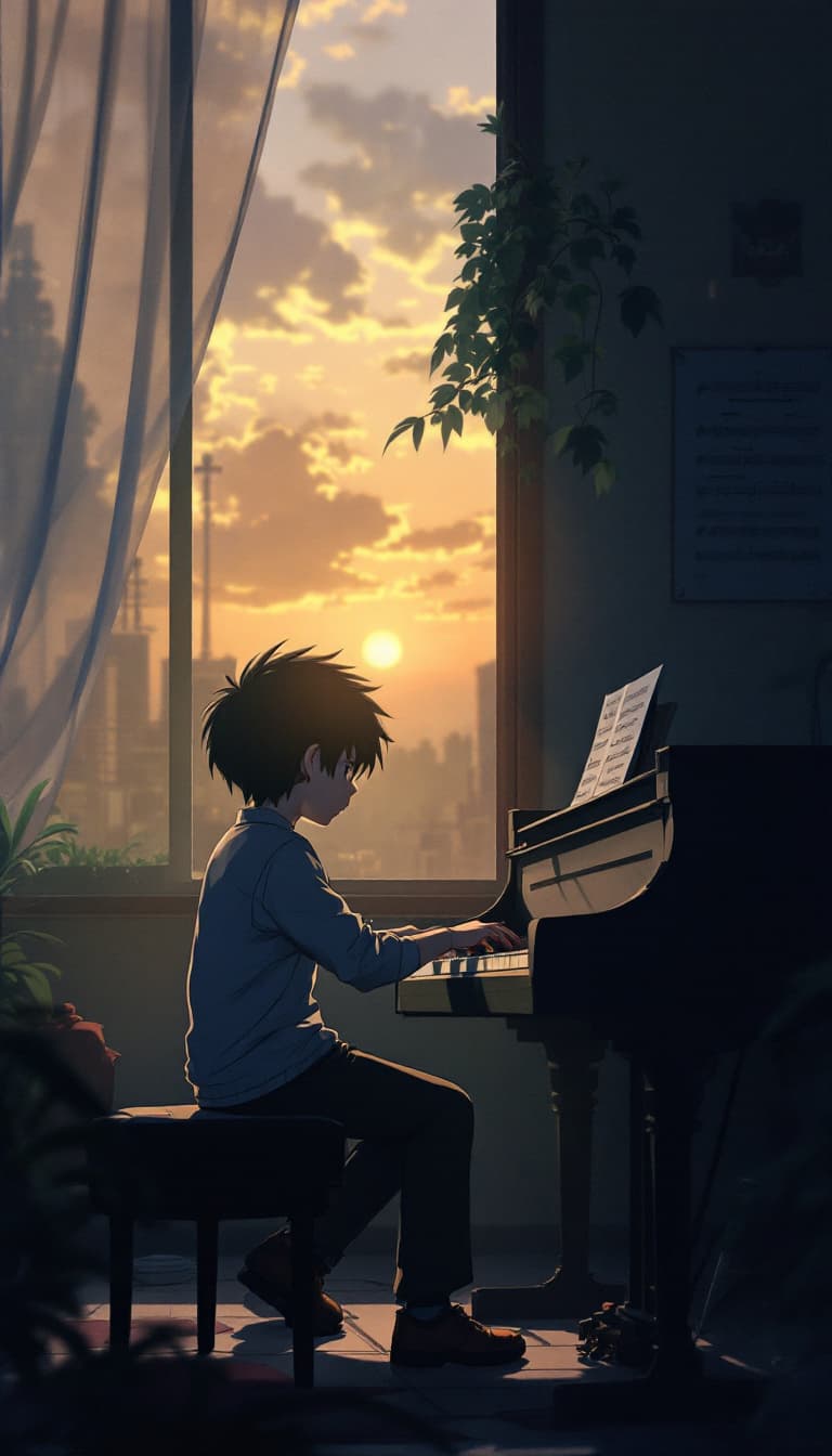 AI generated: anime, boy, introvert, piano, academia, dark academia, sunset, sheet music, dusty, studio