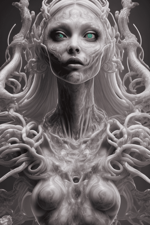 AI generated: highly detailed marble and jade sculpture of a female necromancer, Hyperrealism, breathtaking, ultra...