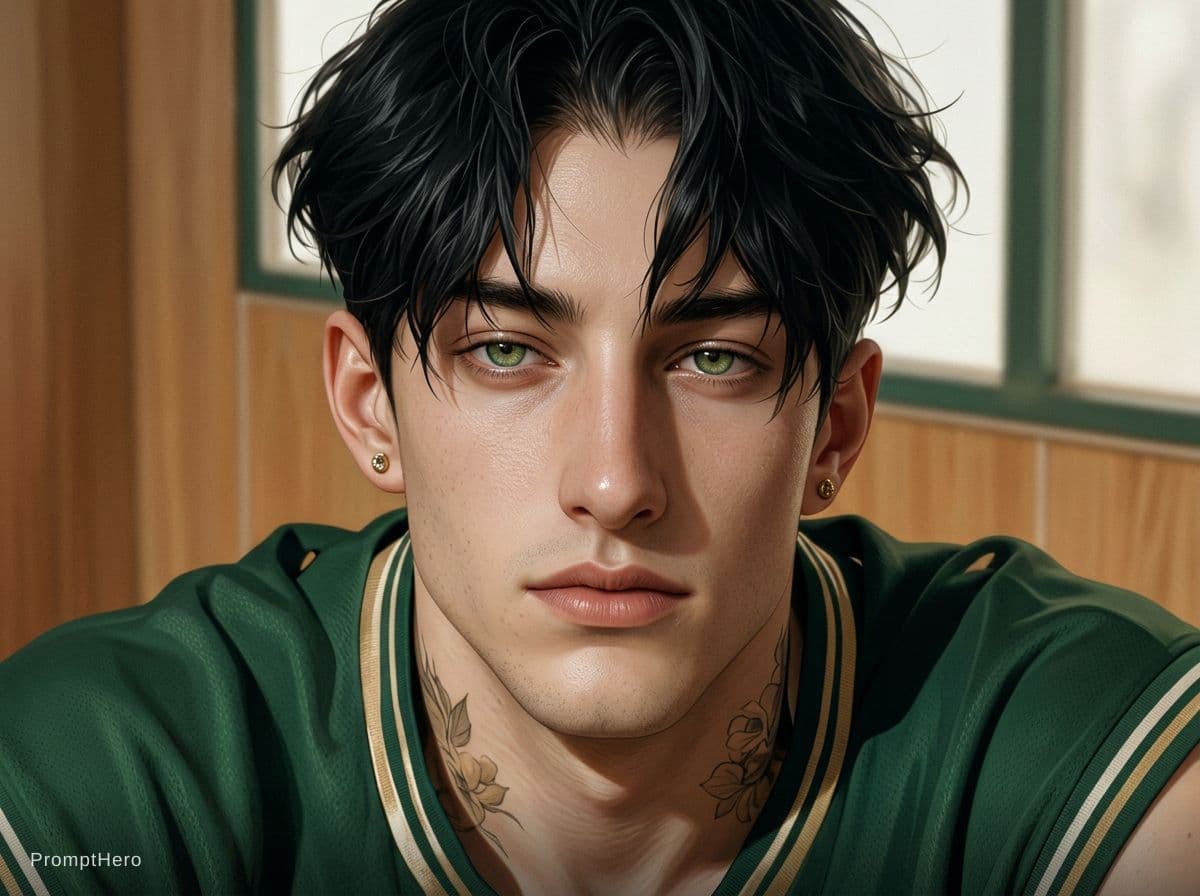 AI generated: Beautiful man, handsome, masculine, green eyes, black hair, pale skin, semi realism ((midjourney 1.5...