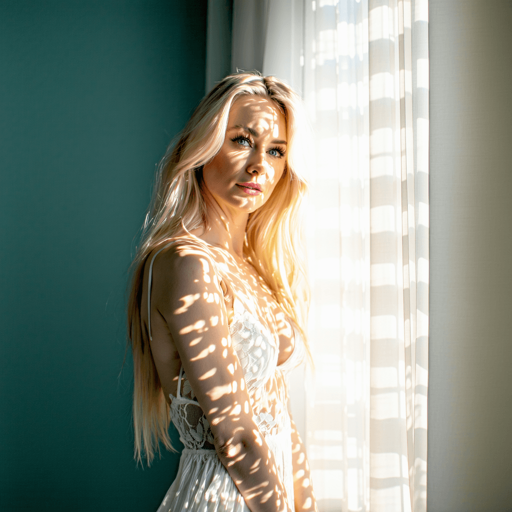 AI generated: Full body of a 35 years old blonde woman illuminated by soft, warm afternoon light streaming through...