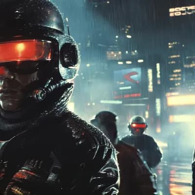 AI generated video: In a cyber city, people on the street walk past the camera