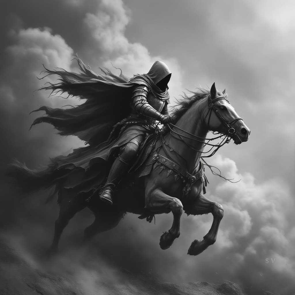 AI generated: Photo of a ultra realistic Black and white art of a hooded knight riding his horse in full gallop, s...