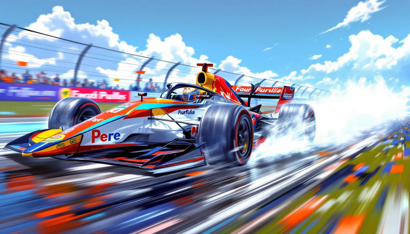 AI generated: a fourmula 1 car racing at full speed around a circuit with the team name "Pere".