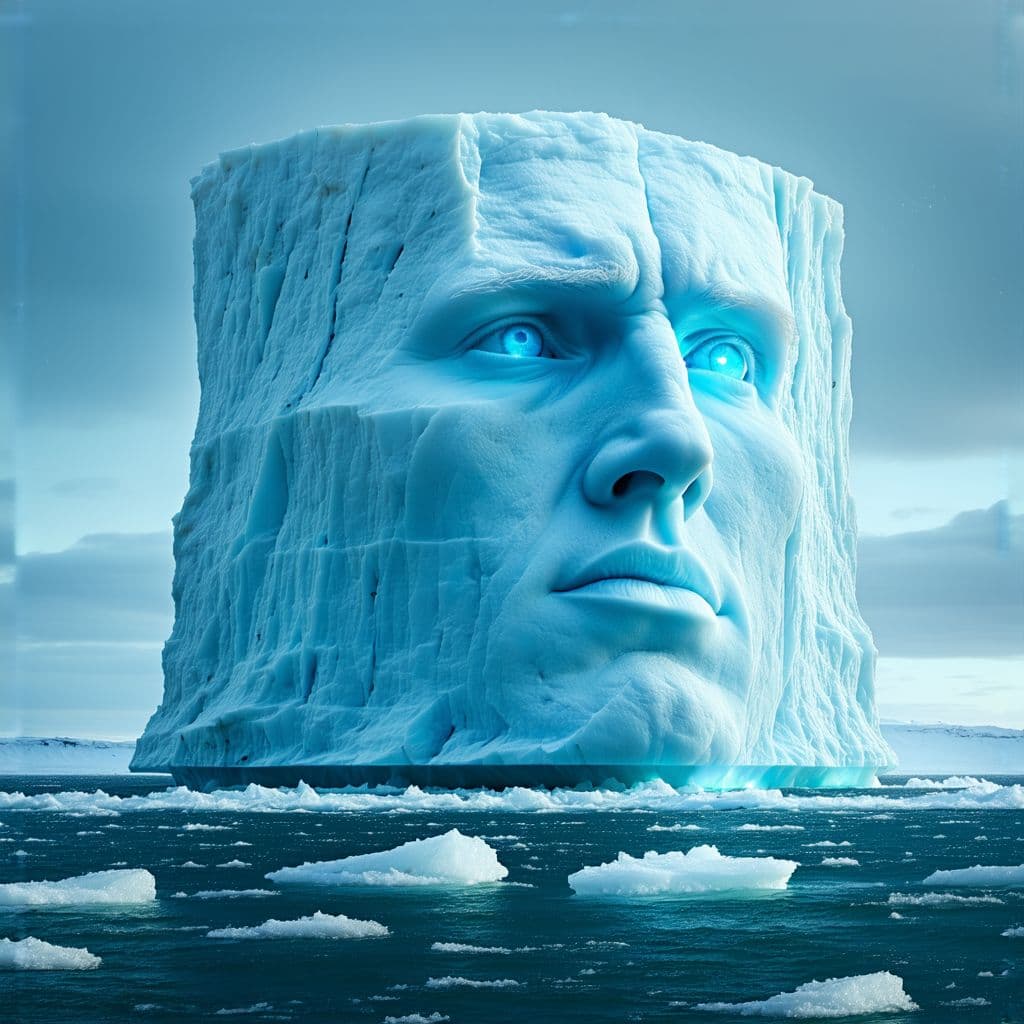 AI generated: Un iceberg gigantesco y antropomórfico, con un rostro formado por grietas de hielo, mostrando una ex...