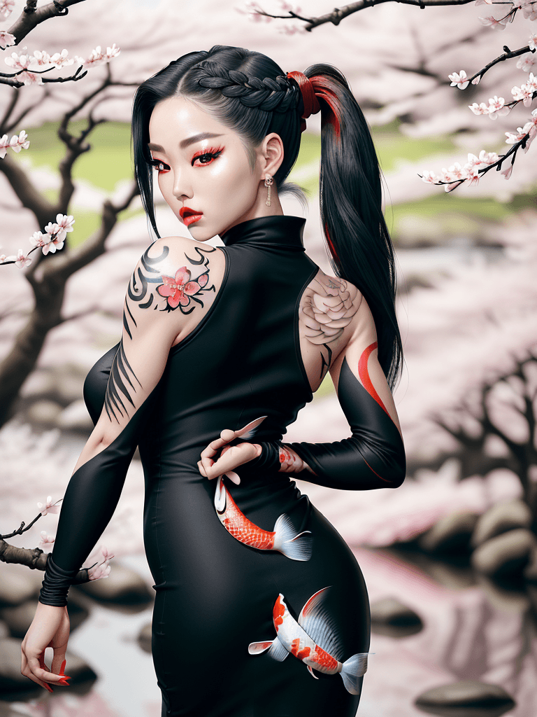 AI generated: Hyperrealistic portrait of a stunning Korean kpop idol with a white braided ponytail, full sleeve ko...