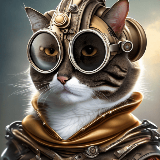 AI generated: Epic hyperrealistic photo of a cat wearing a cloak and goggles, holding a telescope in hand，looking ...