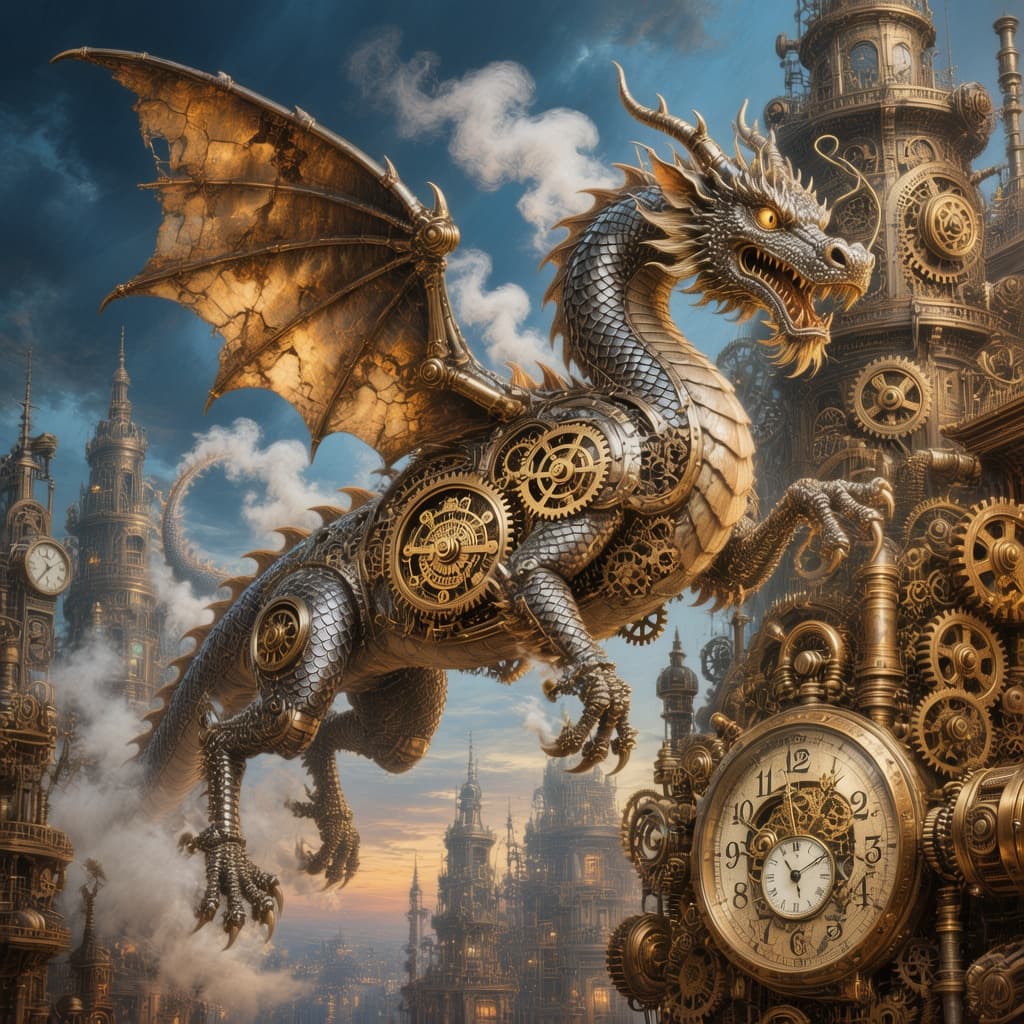 AI generated: A magnificent clockwork dragon, its intricate metallic scales shimmering under an artificial twiligh...