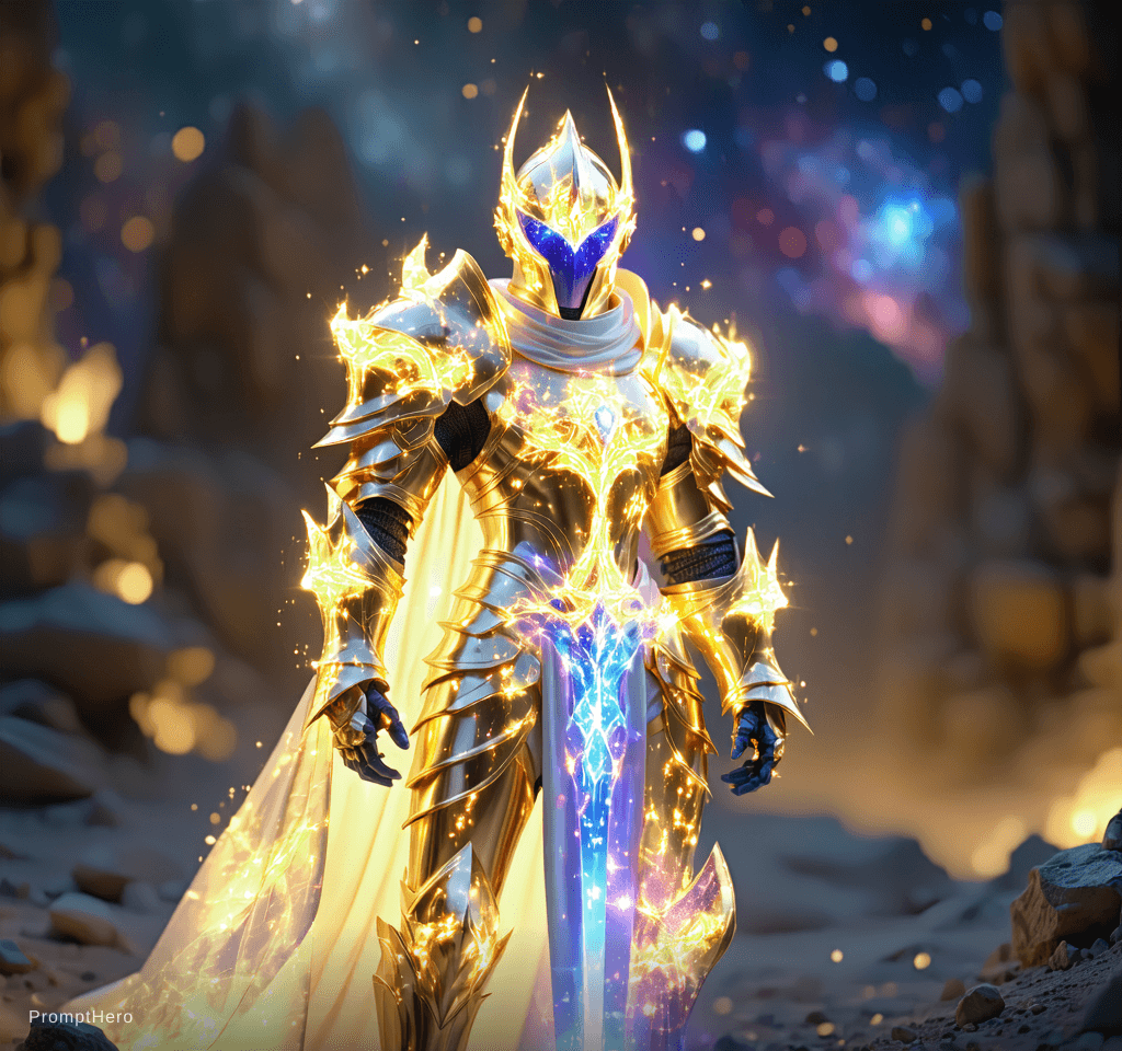 AI generated: A majestic celestial plasma knight in glowing golden armor, standing in a cosmic setting with galaxi...