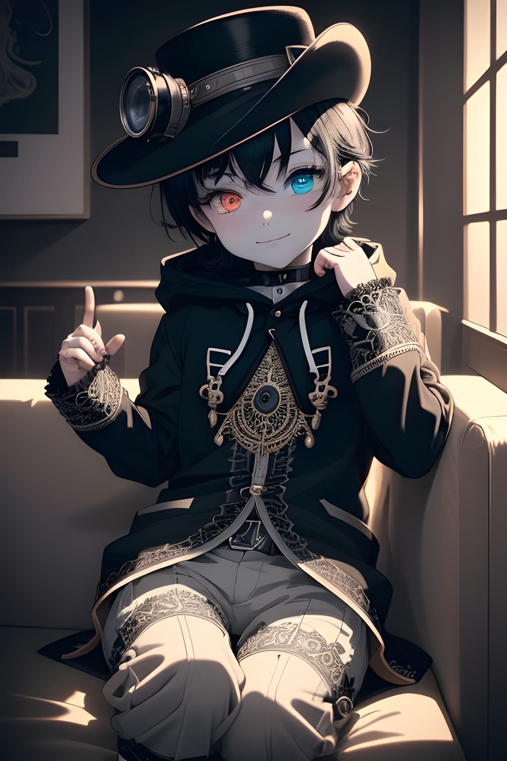 AI generated: pale skin and black hair with beret hat having heterochromia eye wearing Hoodie and short pants with...