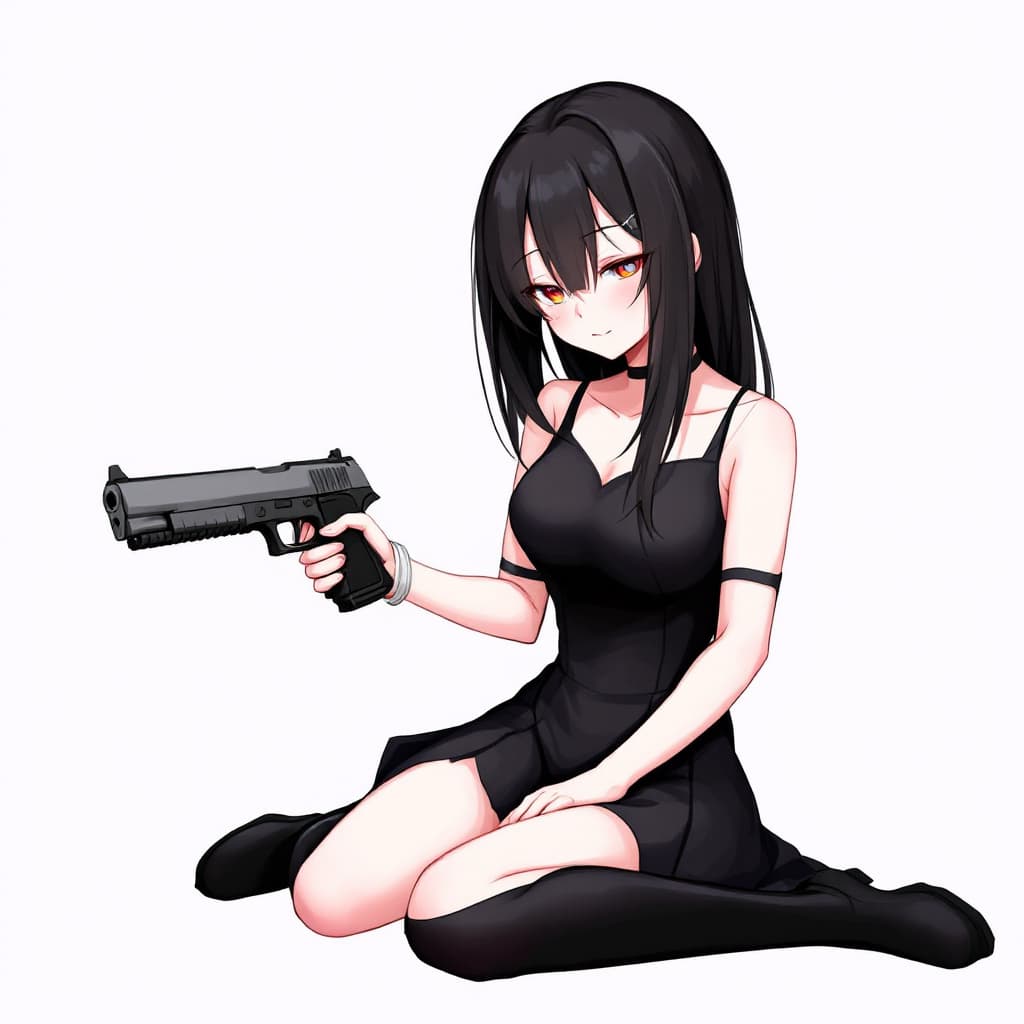 AI generated: 1 girl with a black dress and black hair, holding two guns and sitting on the ground. 4k