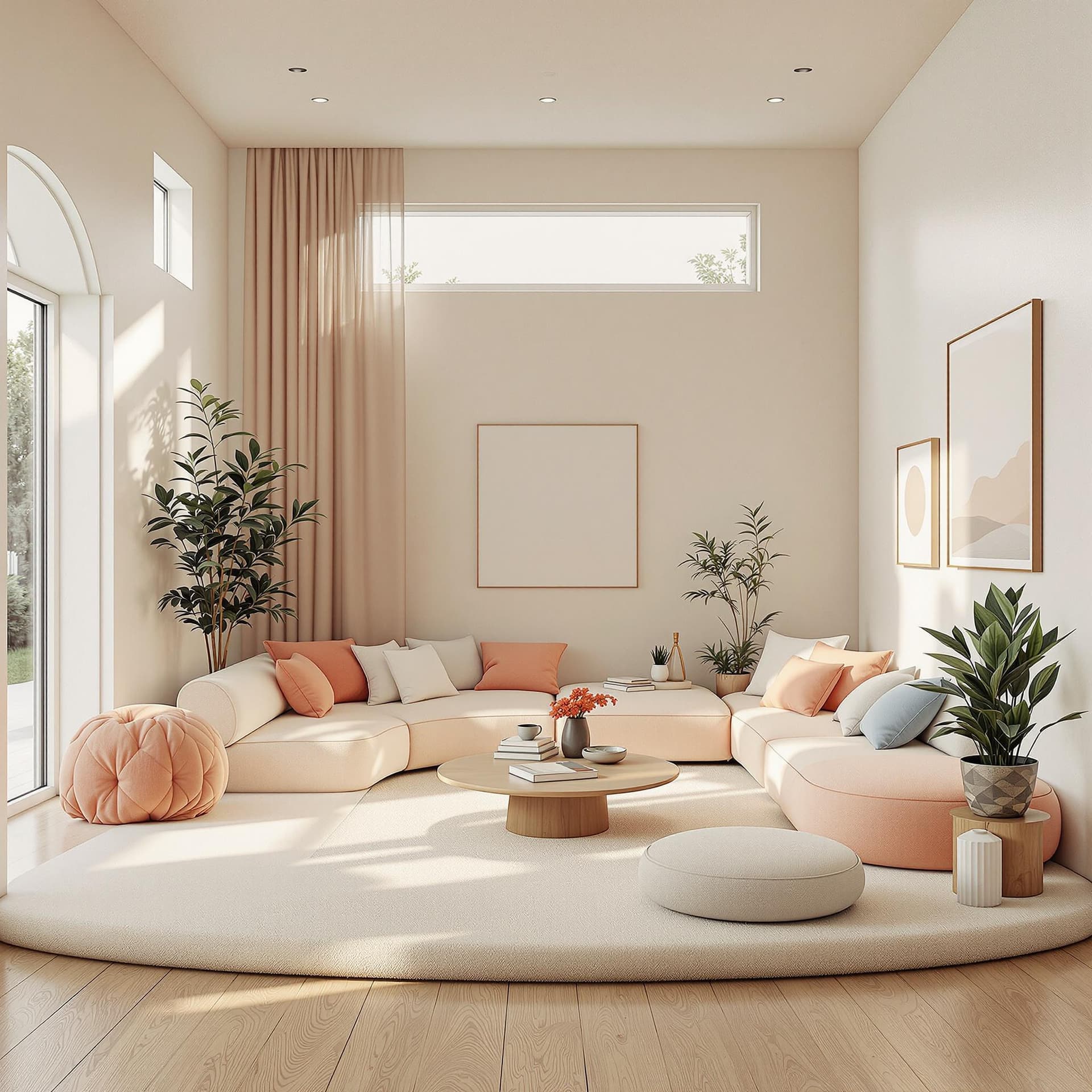 AI generated: High resolution photography interior design, dreamy sunken living room conversation pit, wooden floo...
