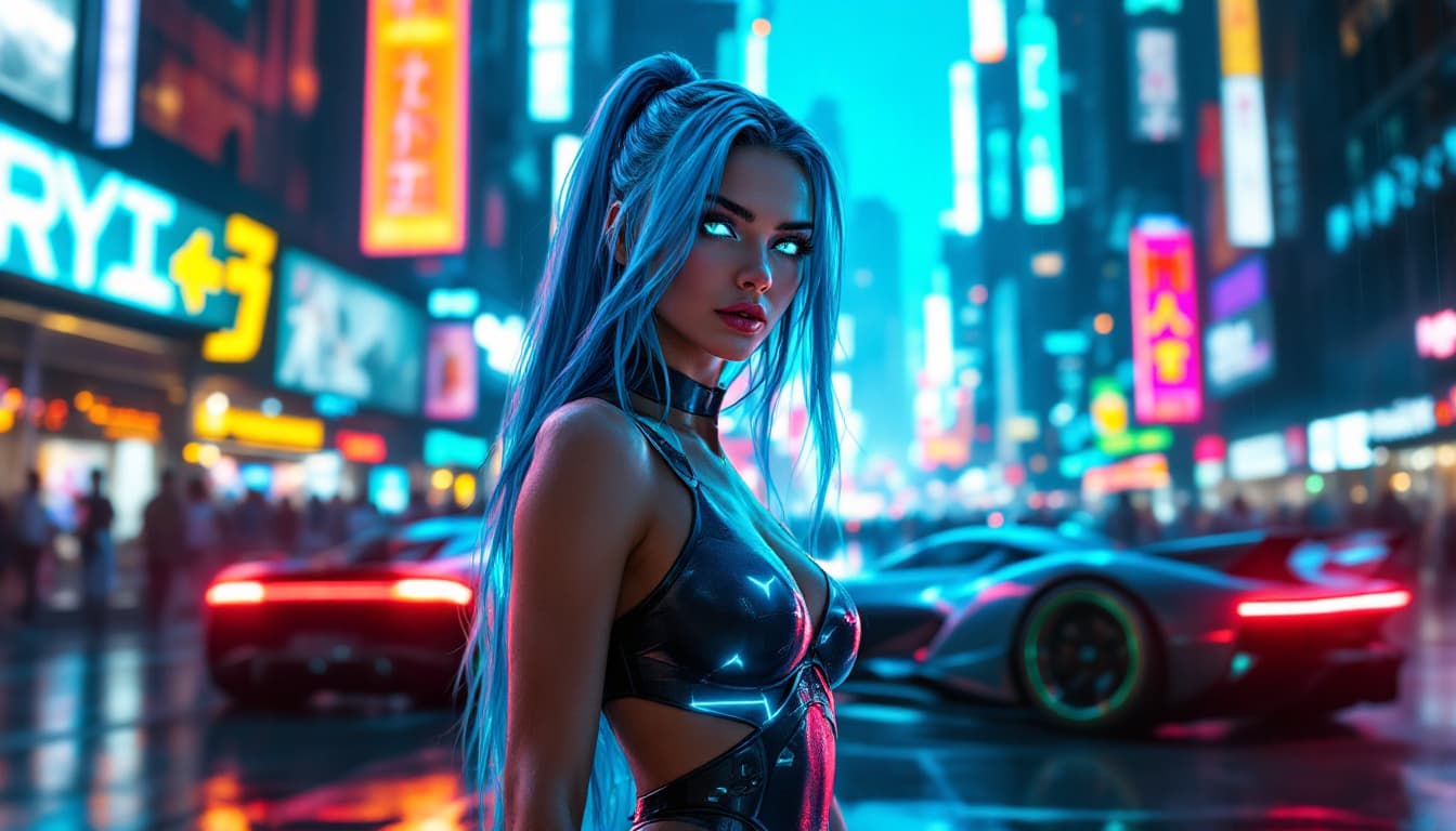 AI generated: A realistic cyberpunk girl stands confidently under the glowing neon billboards of a futuristic city...
