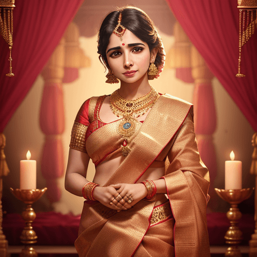 AI generated: Traditional look, South Indian actress Samantha Akkineni, (ornate jewelry, richly patterned saree, b...