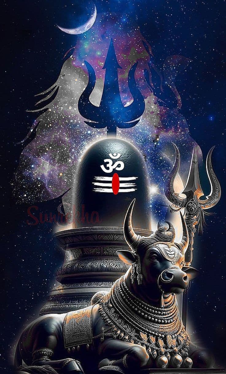 AI generated: "Illustrate a close-up of a Shiva Lingam with the Om symbol (ॐ) and a red and white tilak. Behind it...