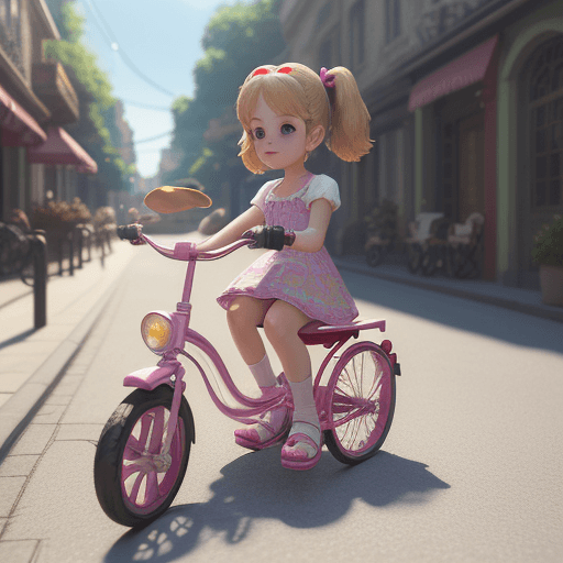 AI generated: A very cute girl, 6 years old, tricycle, in beautiful street, at sunny day, 3d art, c4d, octane rend...