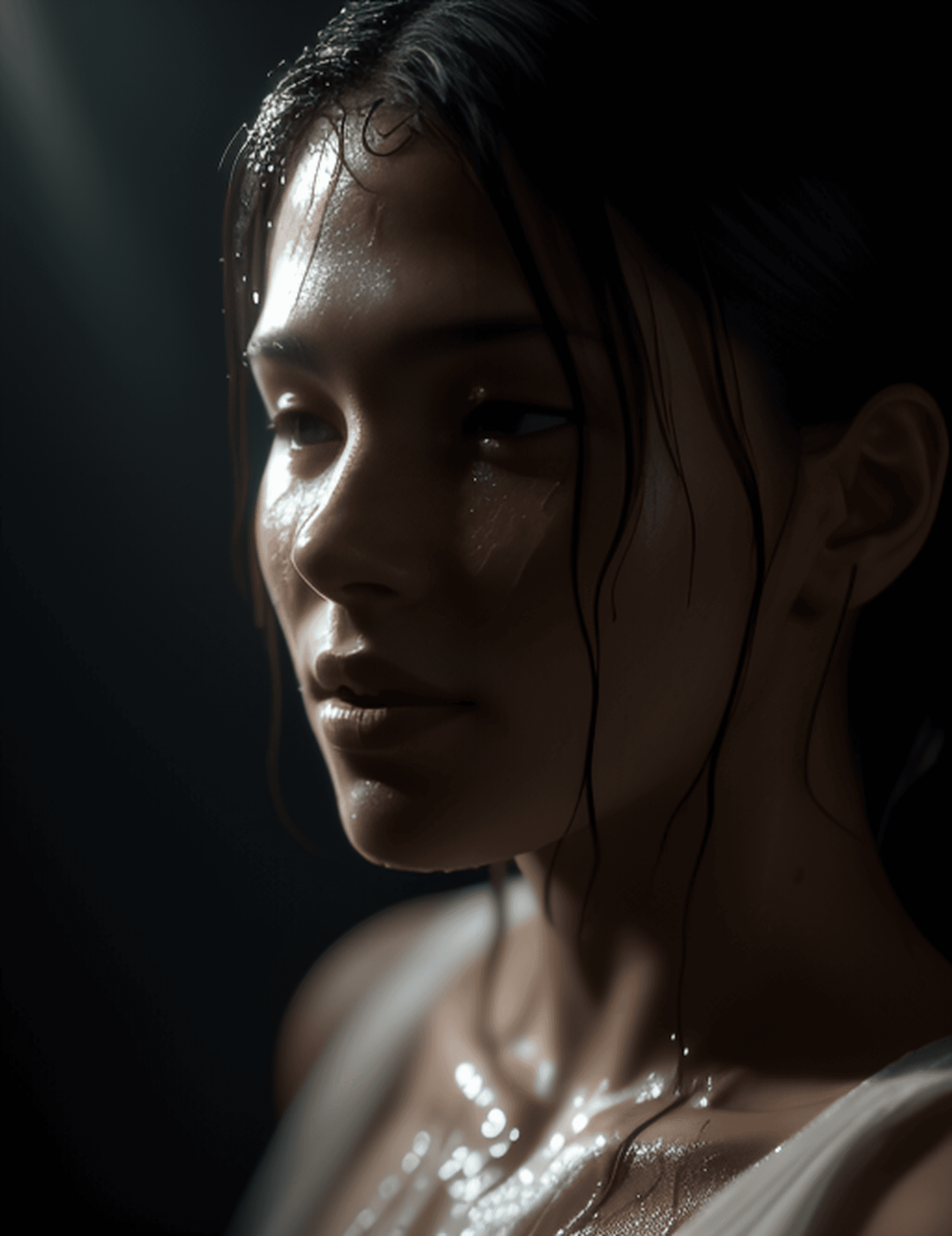 AI generated: ultra realistic dark and moody photograph of a sad woman in a soaking wet white nightgown, soaked sk...