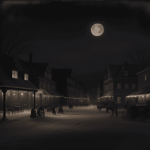 AI generated: "A dark, atmospheric painting of a colonial American town square in winter, with a full moon casting...