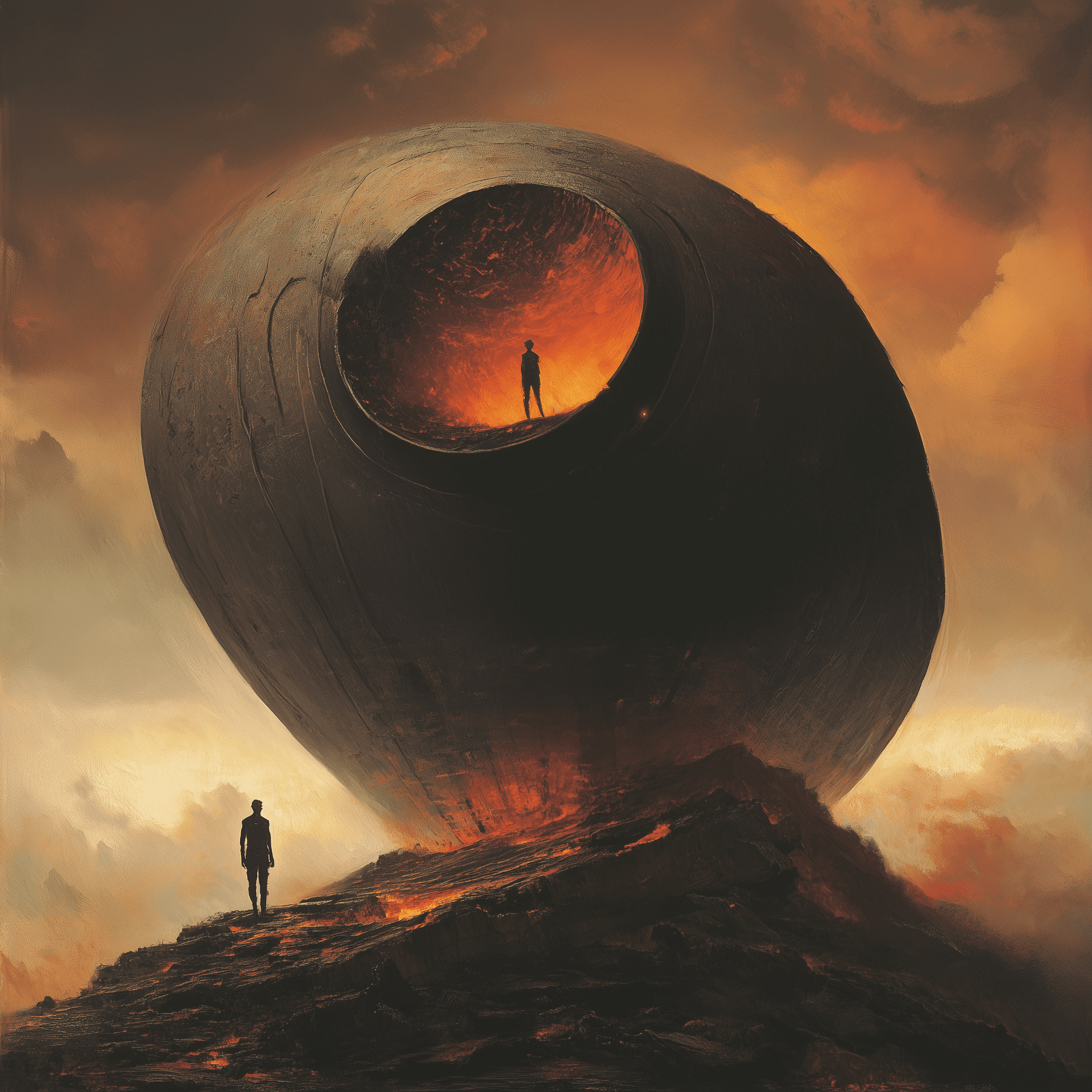 AI generated: A man stands on top of an alien metal object shaped like an eye, against a backdrop of orange clouds...