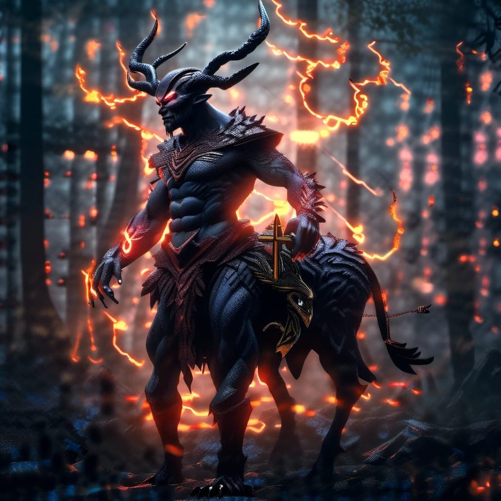 AI generated: "lightning fire, smoke, Epic Scene with a Chiron The Dark Centaur, glowing, misty, uhd photorealisit...