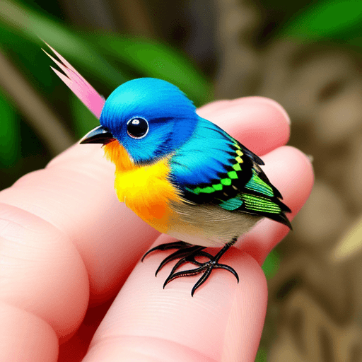 AI generated: a tiny bird that is sitting on someone's finger, in the style of cute and colorful, mesmerizing opti...