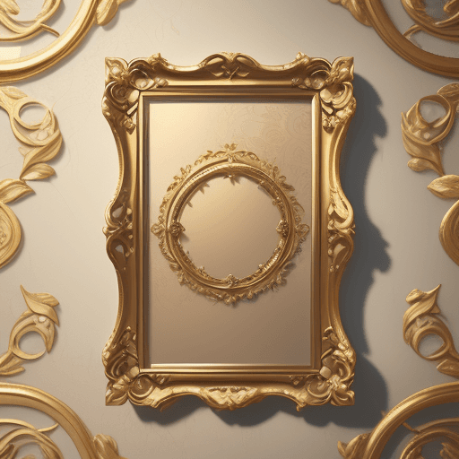 AI generated: sharp details, realistic film photography, gold ornate detailed baroque picture frame, on plaster wa...