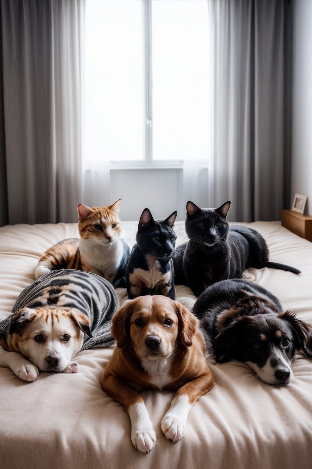 AI generated: (Group of Pets:1.3), (lying on the bed:1.2), (cozy bedroom in the background:1.3), stock photo Pets,...