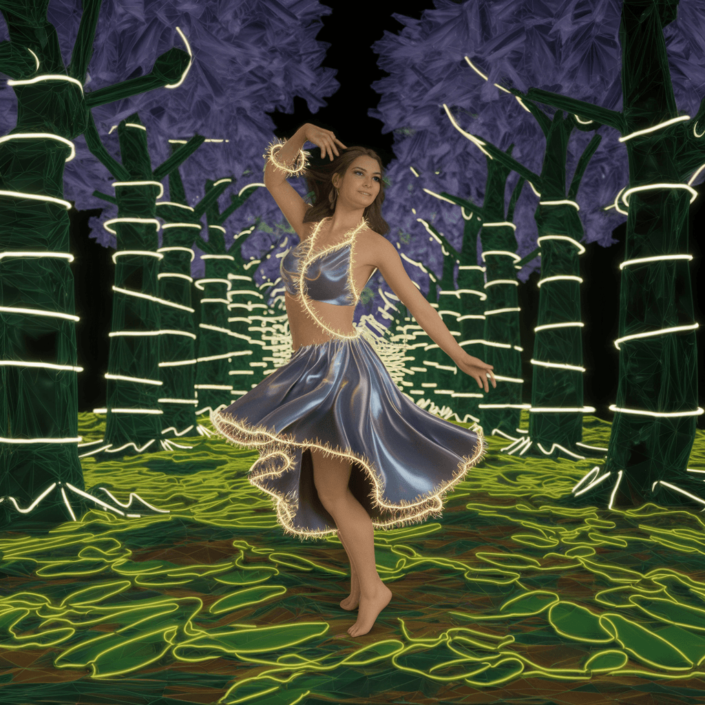 AI generated: chasing lightning shadows while dancing underneath neon aurora skies, light and radiant with glowing...