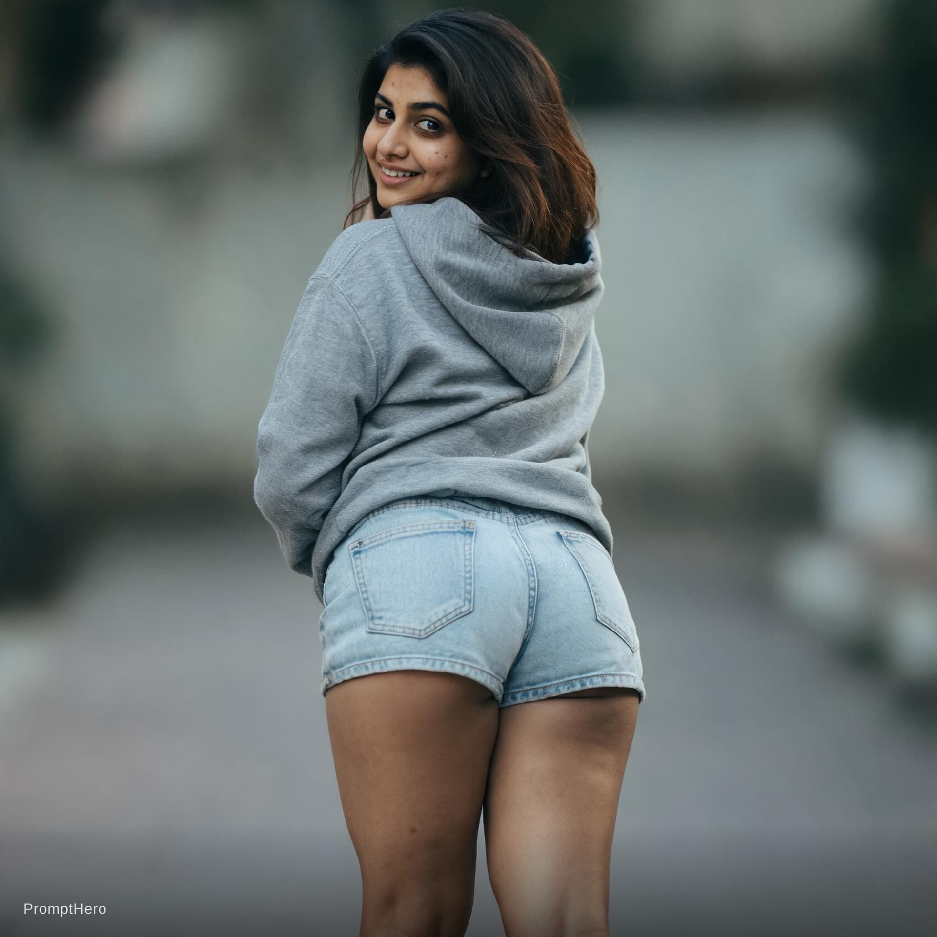 AI generated: Prompt:
From a behind the subject and a low wide spread camera 335mmm lens. A playful india woman wi...