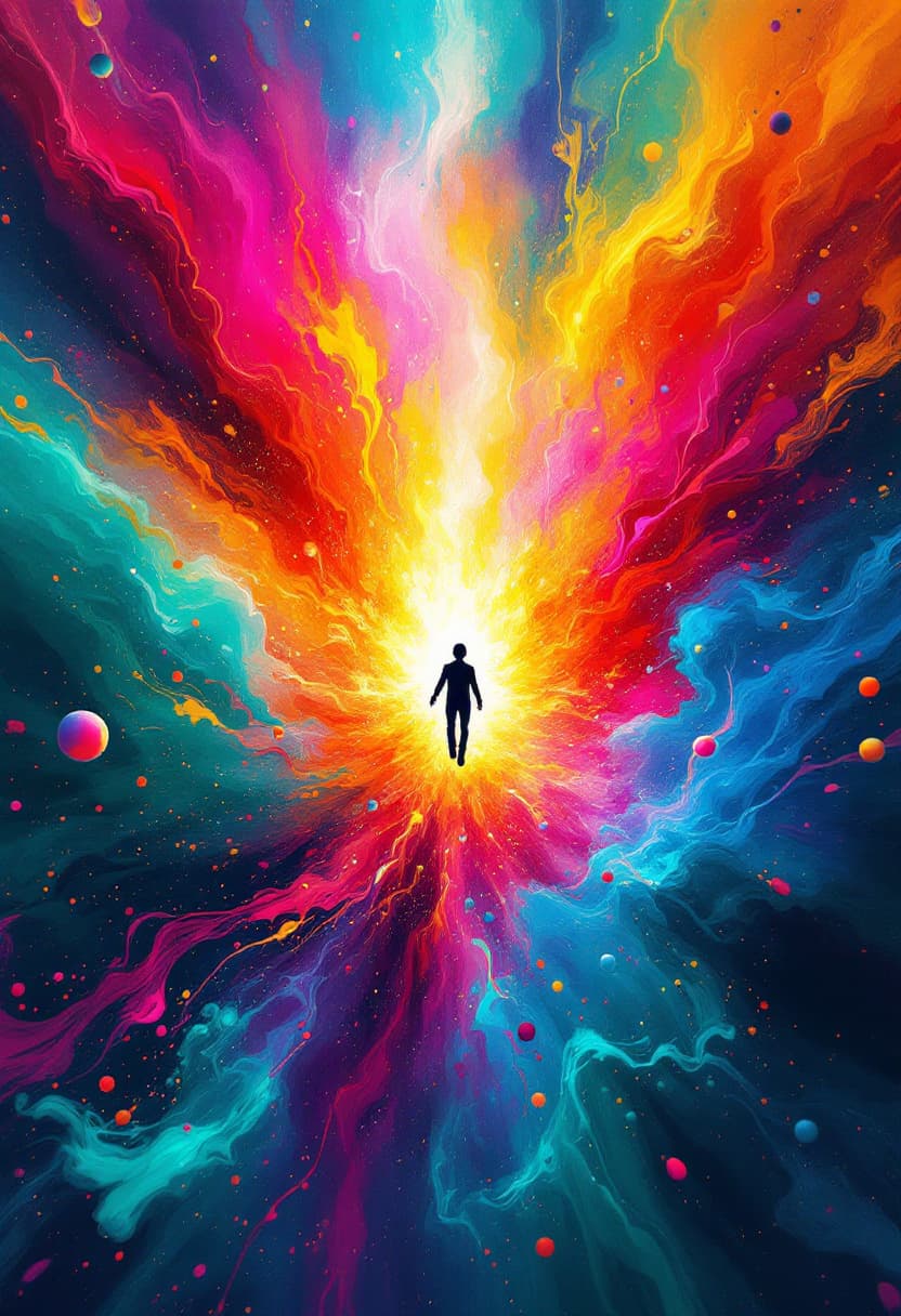 AI generated: abstract digital art piece showing a lone figure falling into an explosion of vibrant colors, with s...
