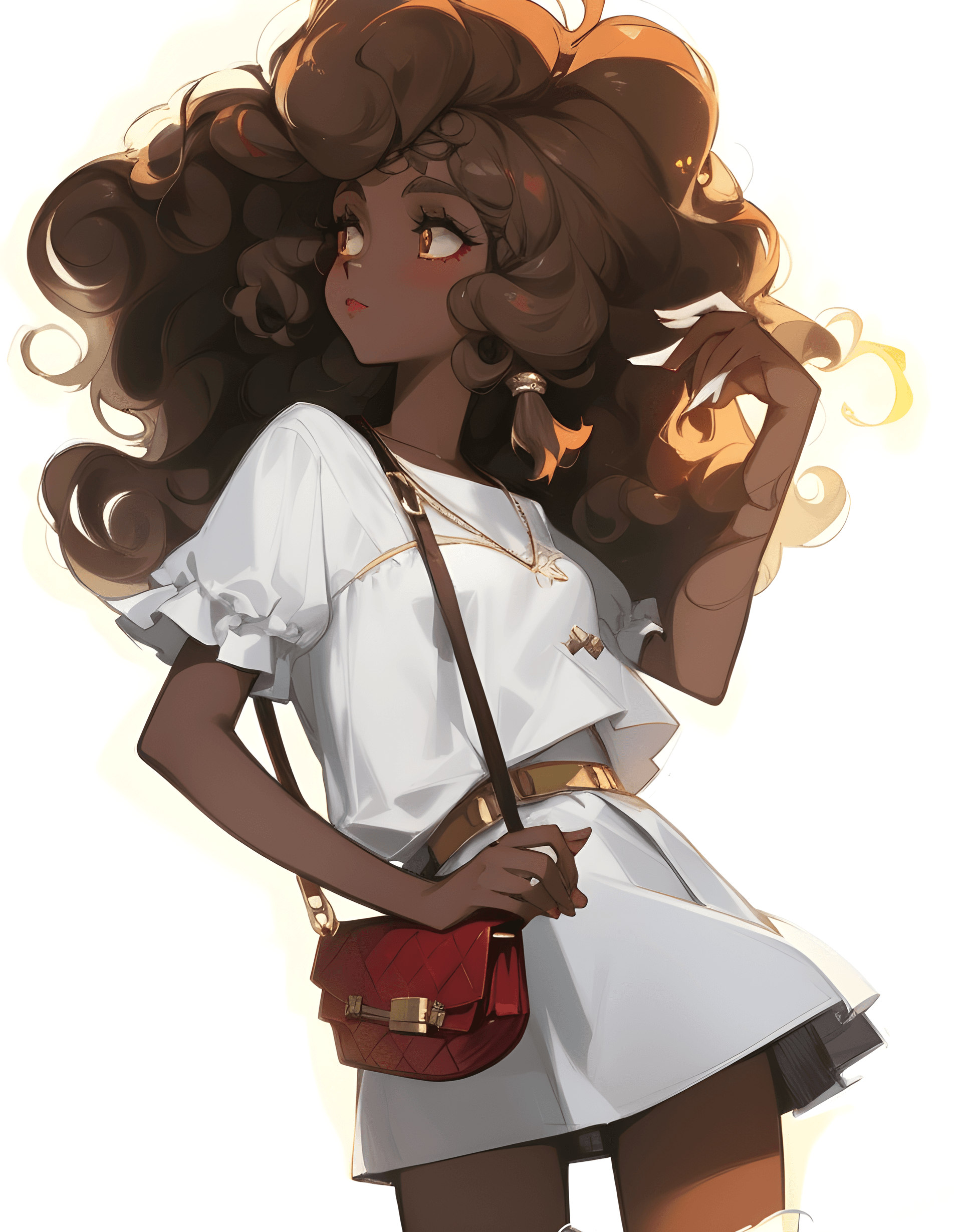 AI generated: a woman in a white dress holding a red purse, a character portrait, inspired by Hermione Hammond, tu...