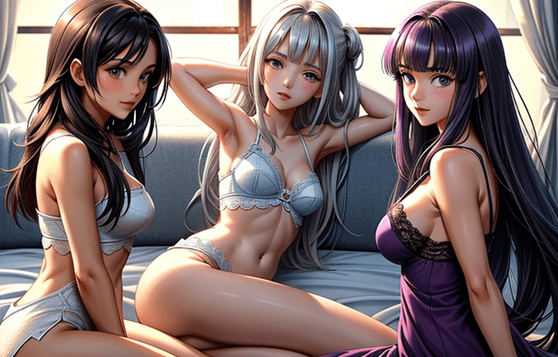 AI generated: stunningly rich image of (3 anime girls:1.5) anime-style, each with distinct hair colors (white, dar...