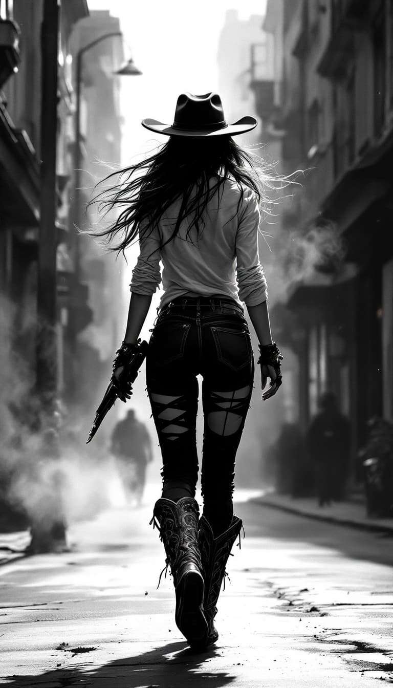 AI generated: A digital drawing of an urban cowgirl, full body, walking on the street, wearing cowboy boots and ha...