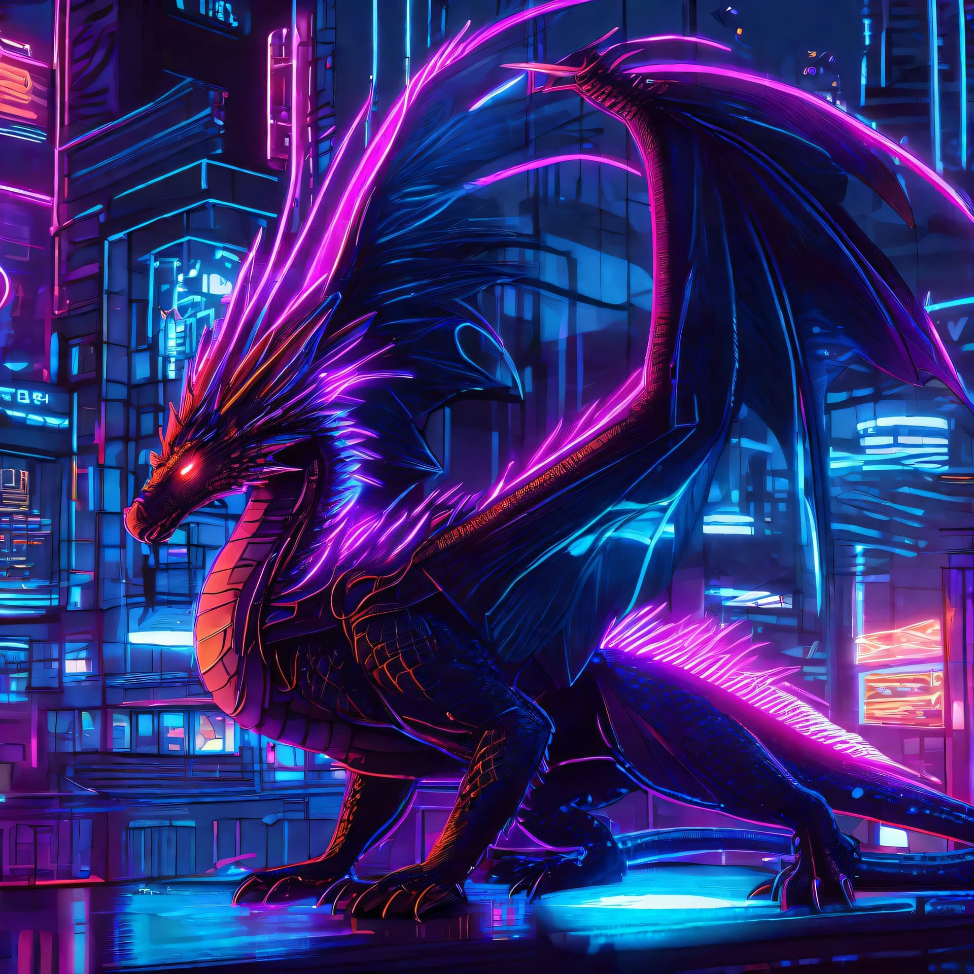 AI generated: a drawing of a dragon with wings, cyberpunk city at night, transparent feathers, magic lighting over...