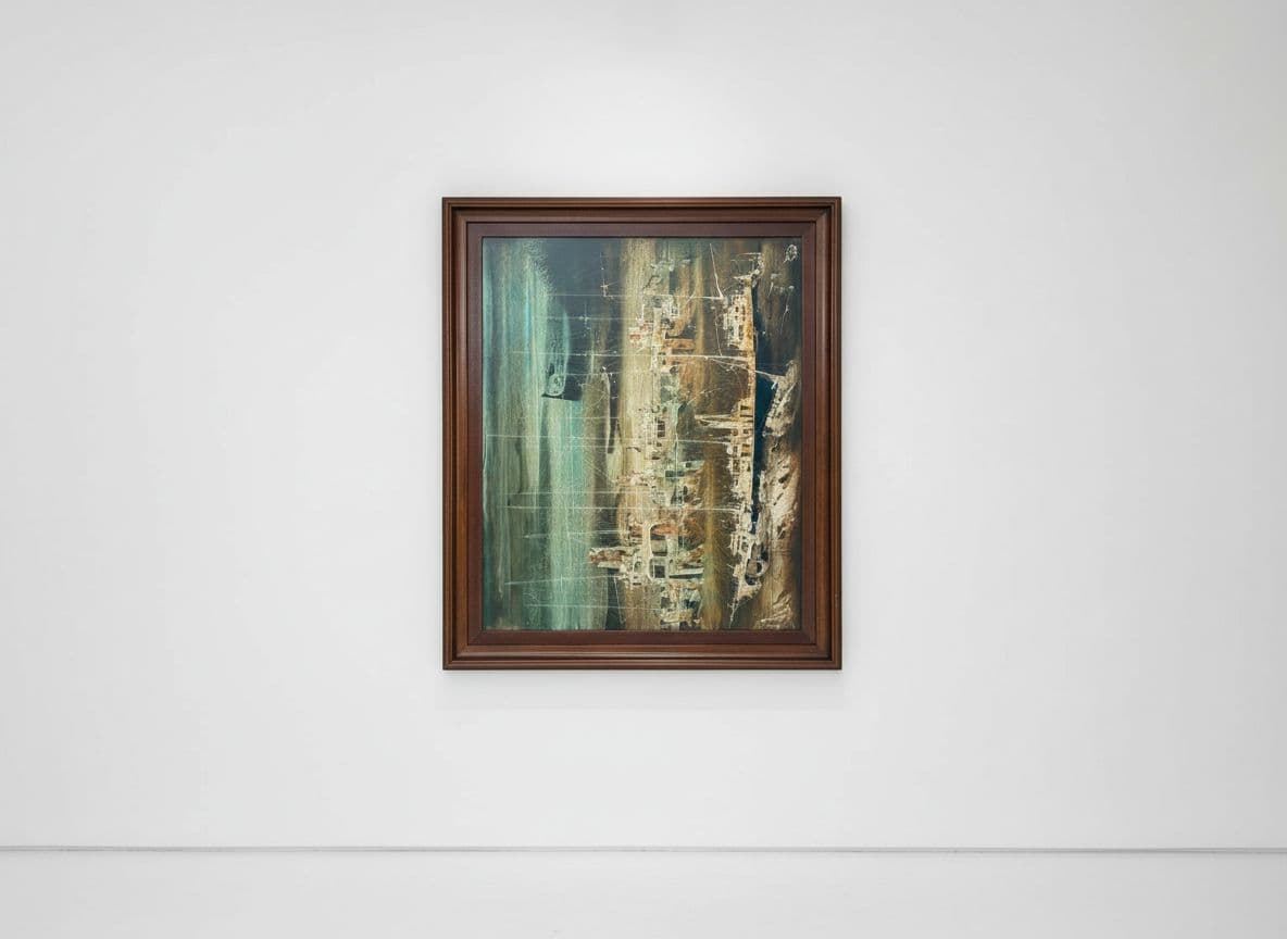 AI generated: make this painting be the center of a close up, studio photo in a whitewall gallery setting