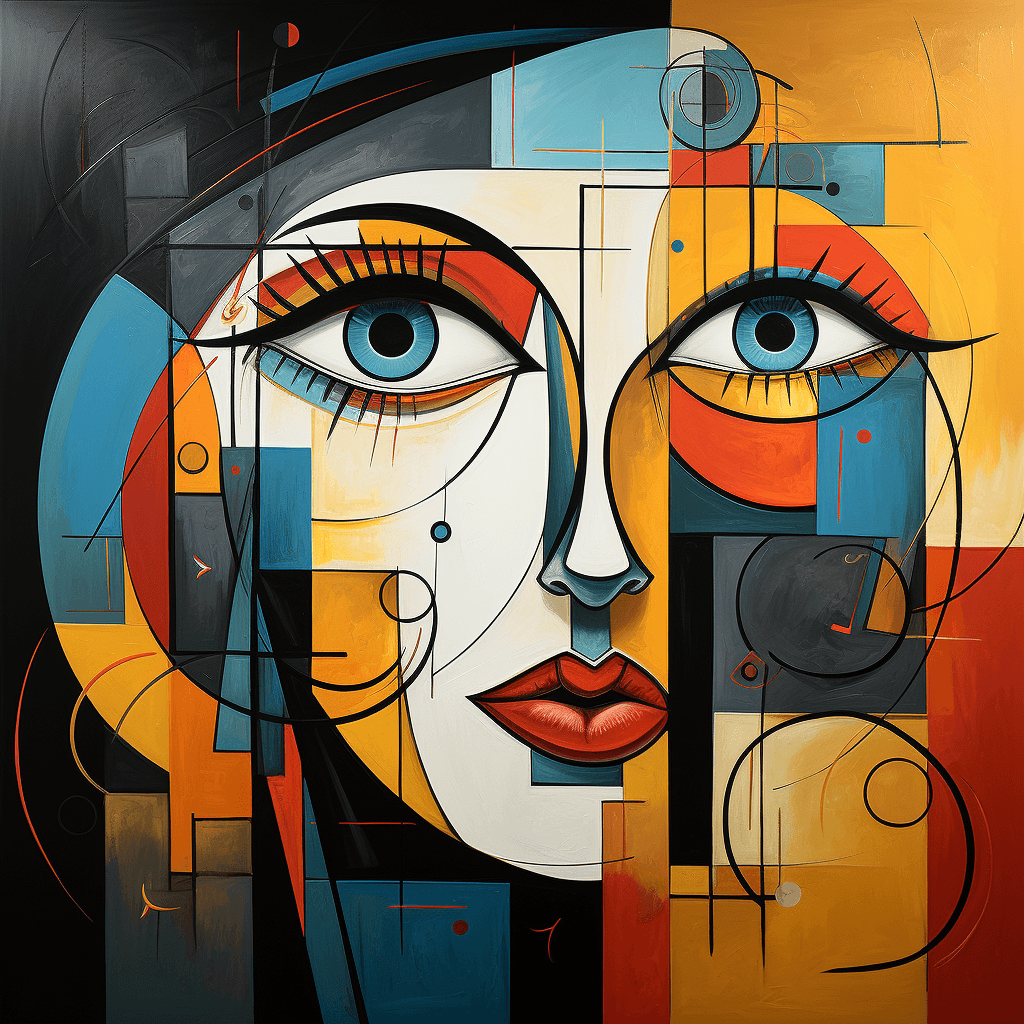 AI generated: woman's face, pablo picasso, cubism, vibrant colors --ar 1:1 --stylize 750 --v 5.2