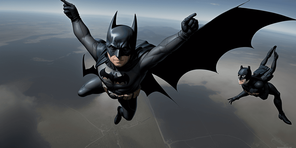 AI generated: milton friedman fait un saut en parachute accroché a batman,  concept art:: --ar 16:9
