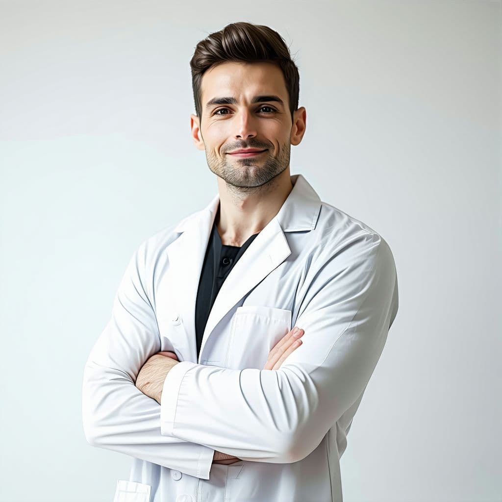 AI generated: professional masseur, white coat, sober style, full body depiction, realistic effect