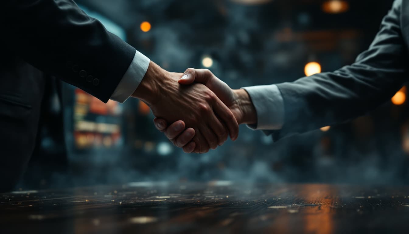 AI generated: 
Dramatic scene of two clients celebrating success, two people shaking hands, surrealism, high defin...