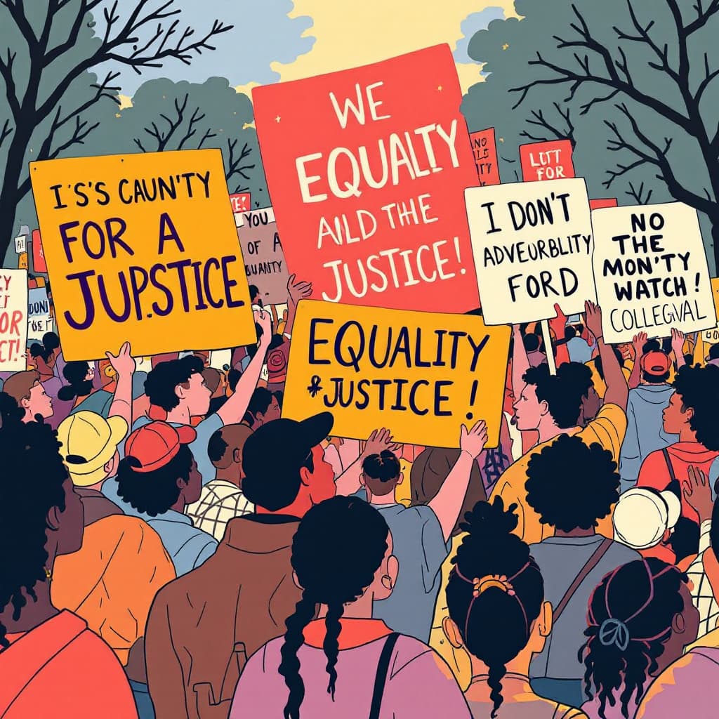 AI generated: 20240728153957list 2 Lofi illustration of a community rally with people holding 6 big posters advoca...