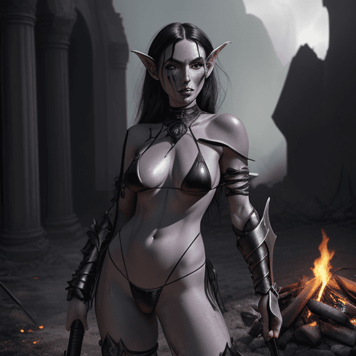 AI generated: A realistic Dark elf witch with pale oily Skin and black messy hair wasp waist in a dnd Style bikini...