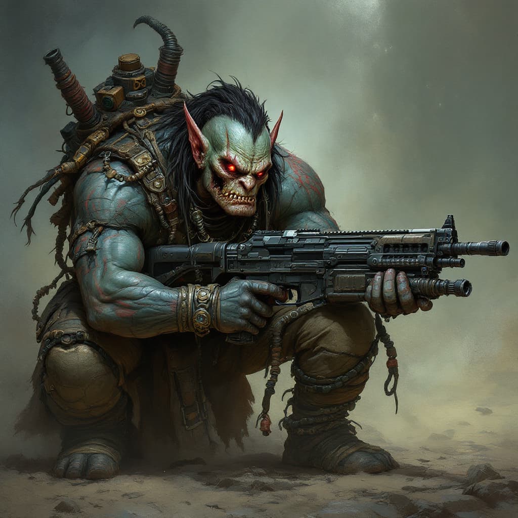 AI generated: shadowrun artwork of a humanlile orc with mashine gun

