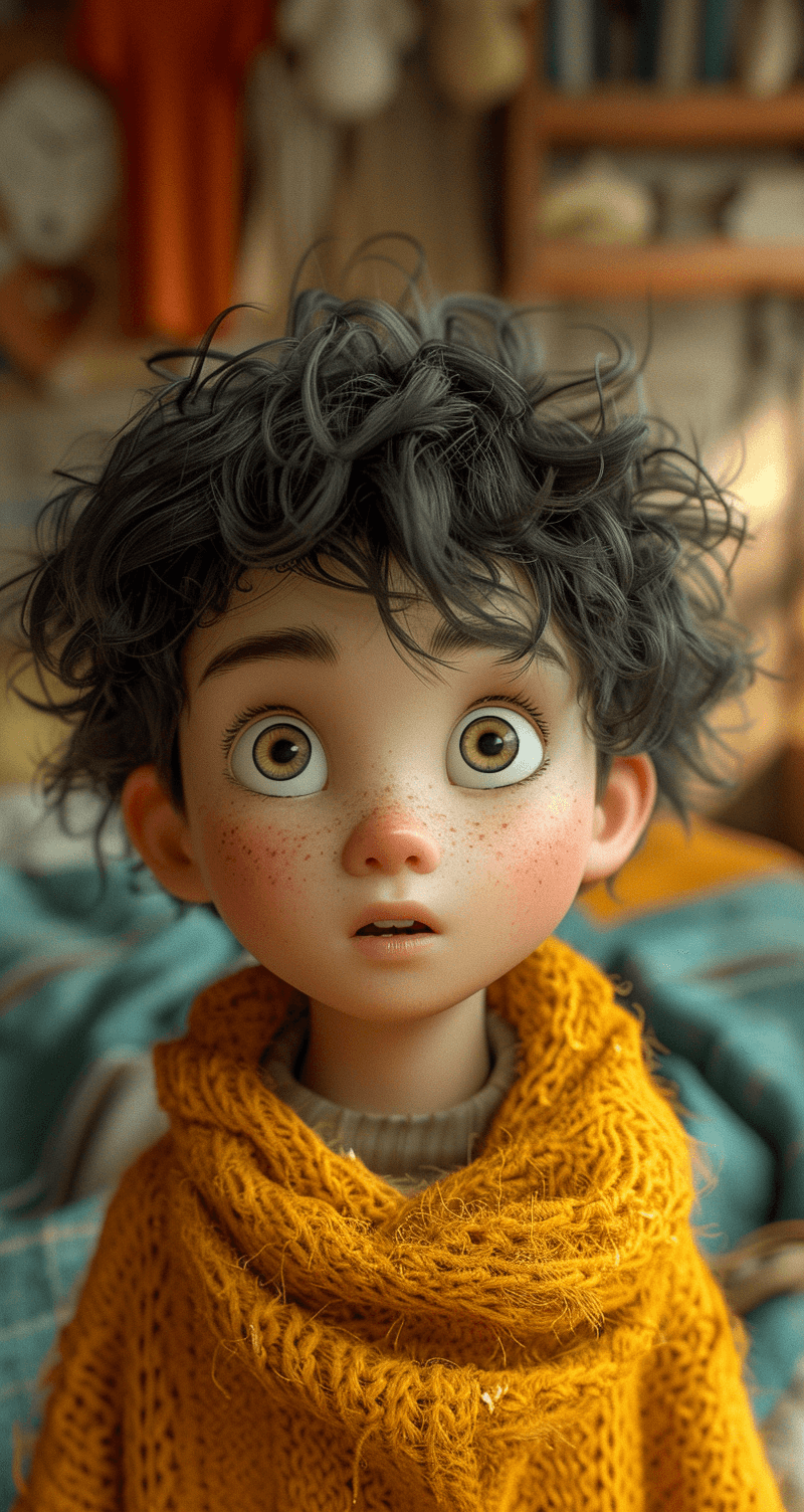 AI generated: a boy with curly hair and yellow shirt, in the style of rendered in cinema4d, charming characters, i...