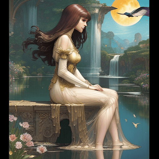 AI generated: (Waterhouse) style. Perfect profile  beautiful  sit down full body with a beautiful ((woman)) in a s...